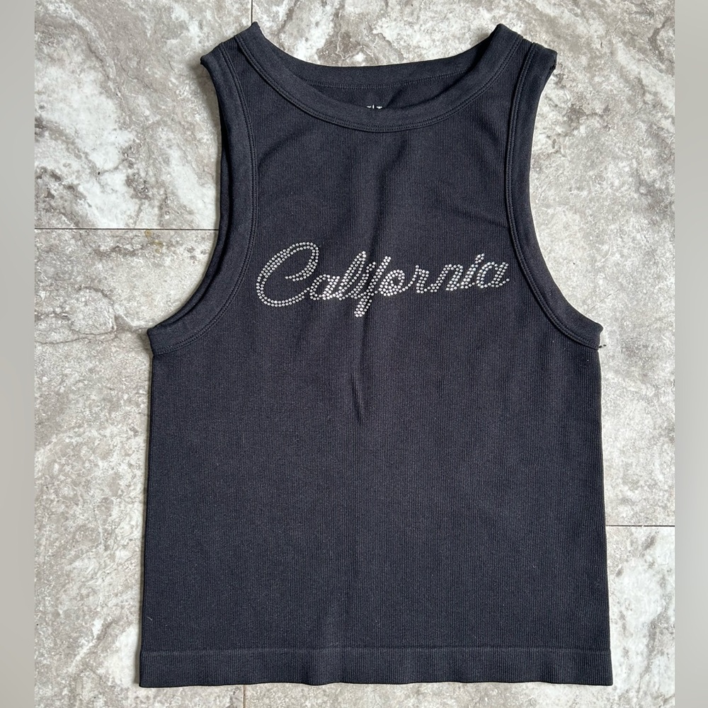 Y2K Style Vital Life California Rhinestone Ribbed Crop Stretch Black Tank Top L